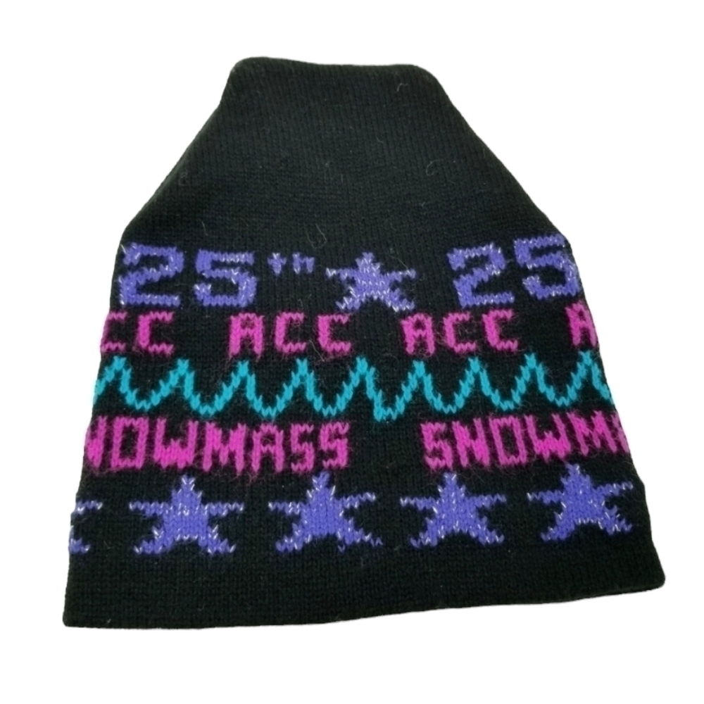 Vtg Snowmass Knit Hat Black Neon Stars Snowboard Skiing Snow Aspen CO Y2K Text